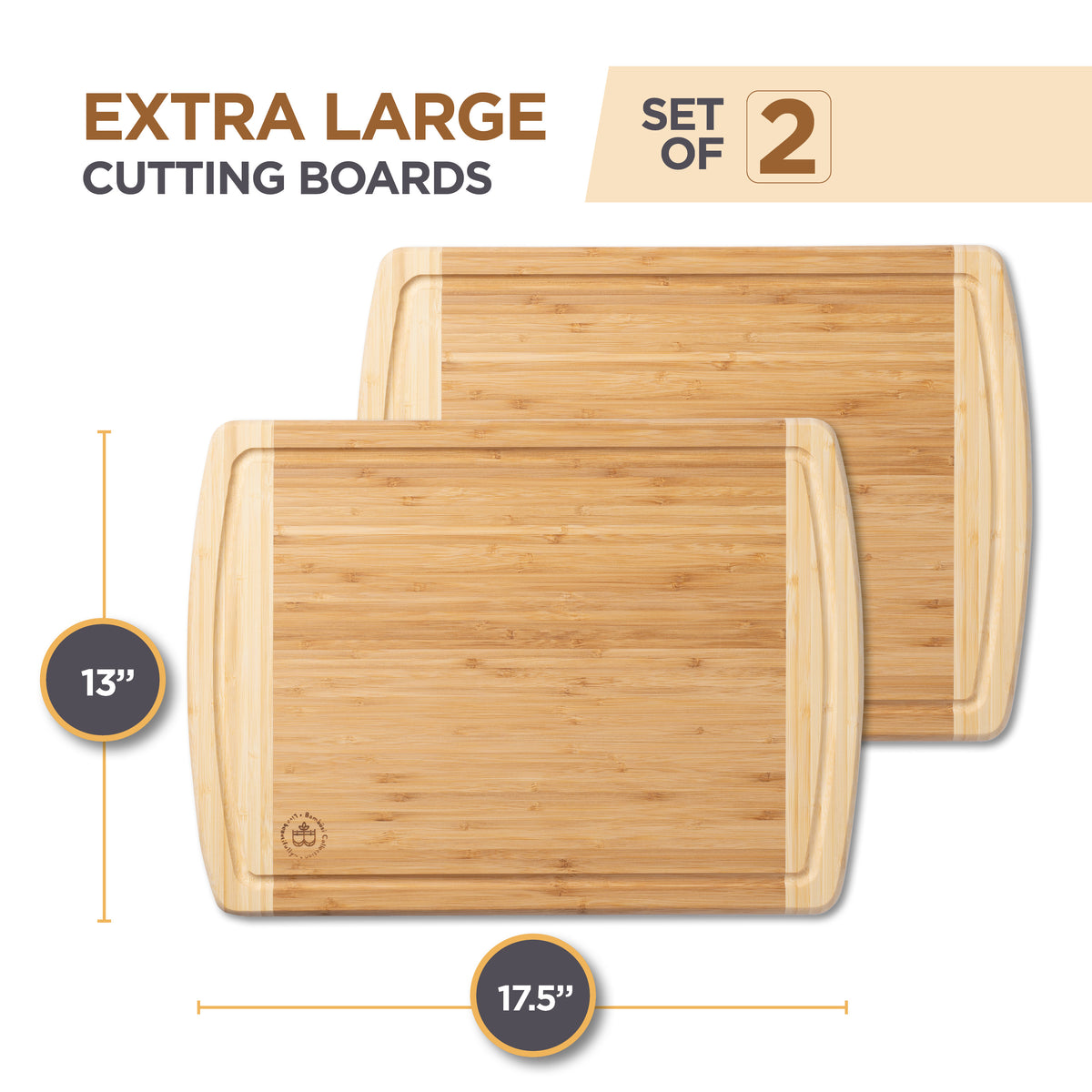 Premium Bamboo Cutting Board - Set of 2 Thick Butcher Block Kitchen Boards for Meat Vegetables Cheese and Meal Prep