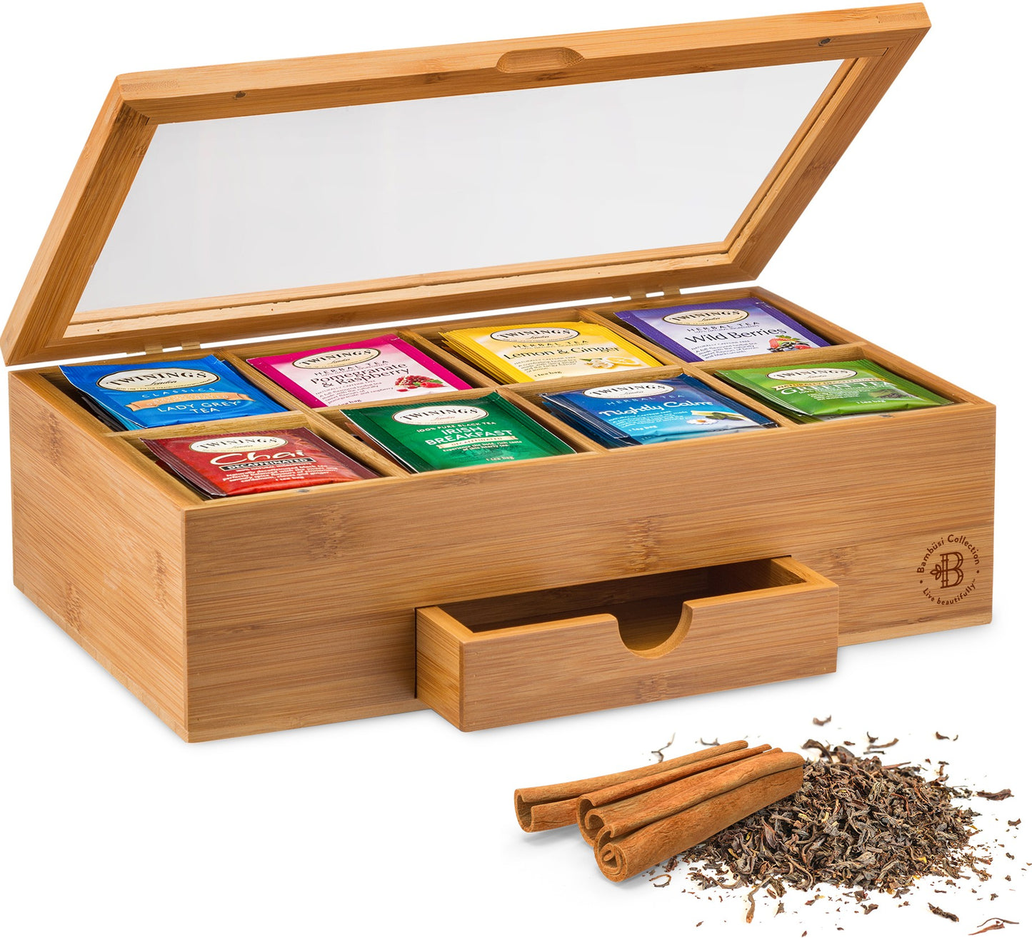Bamboo Tea Organizer Box with 8 Compartments and Magnetic Lid for Kitchen Storage