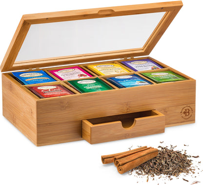 Bamboo Tea Organizer Box with 8 Compartments and Magnetic Lid for Kitchen Storage