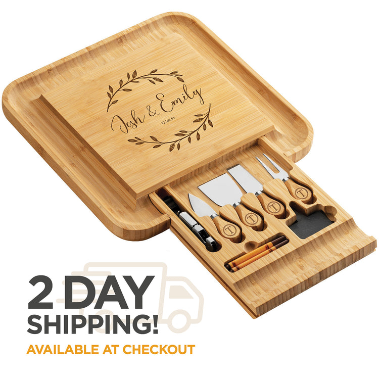 Personalized Bamboo Cheese Board and Knife Set – Custom Engraved Charcuterie Board