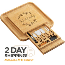 Load image into Gallery viewer, Personalized Bamboo Cheese Board / Charcuterie Board &amp; Knife Set with Custom Engraving
