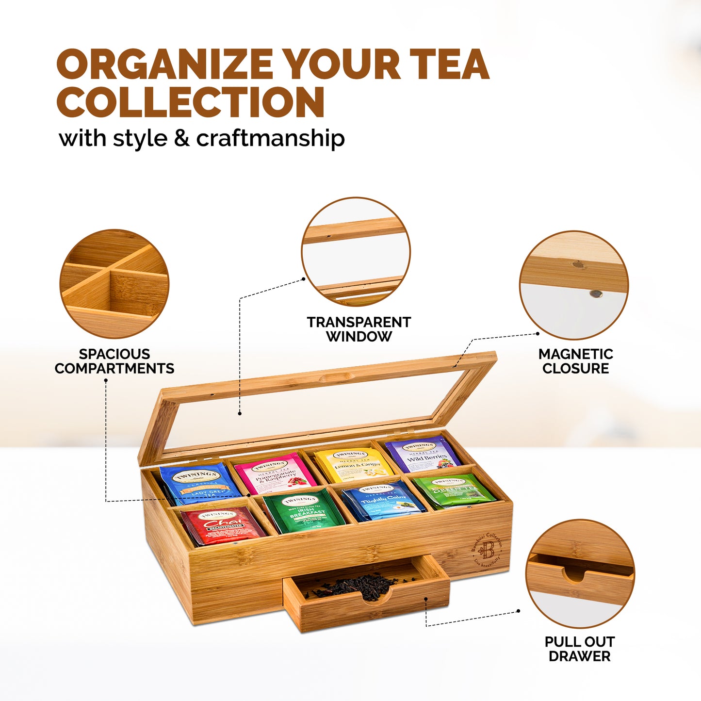 Bamboo Tea Organizer Box with 8 Compartments and Magnetic Lid for Kitchen Storage