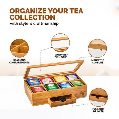 Bamboo Tea Organizer Box with 8 Compartments and Magnetic Lid for Kitchen Storage