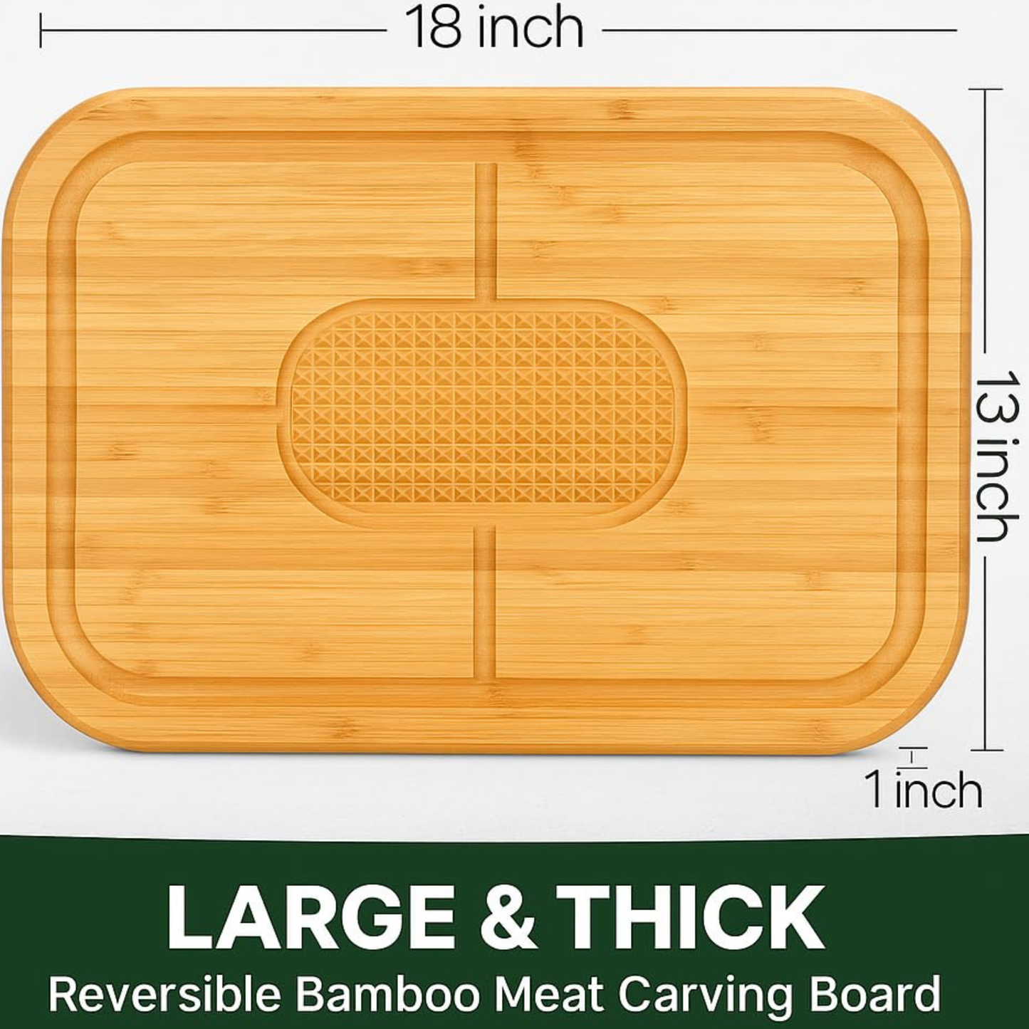 Meat Cutting Board - 18 x 13 Extra Large Bamboo Carving Board, Thick Butcher Block Cutting Board with Deep Juice Groove, Non Slip Center, Reversible Board for Steak, Brisket, Turkey, Grilling BBQ Prep