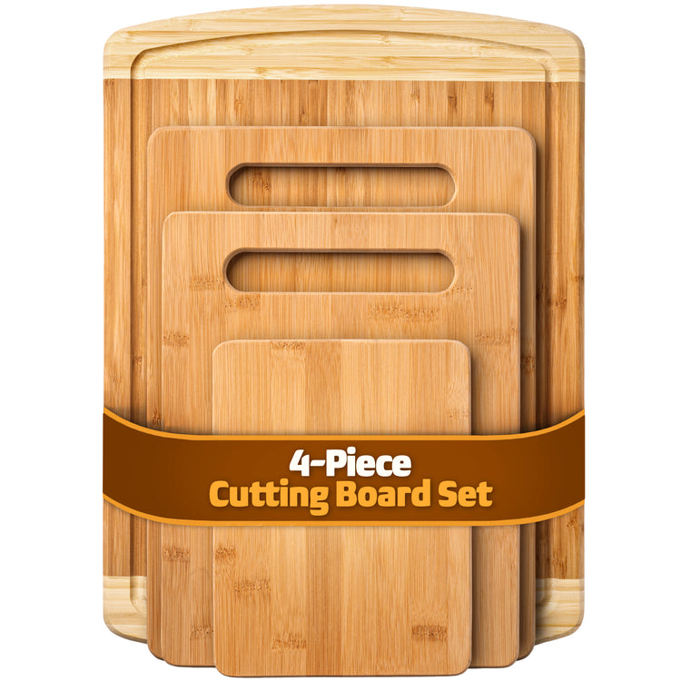4 Piece Bamboo Cutting Board Set for Kitchen with Juice Groove for Meat Cheese and Vegetables