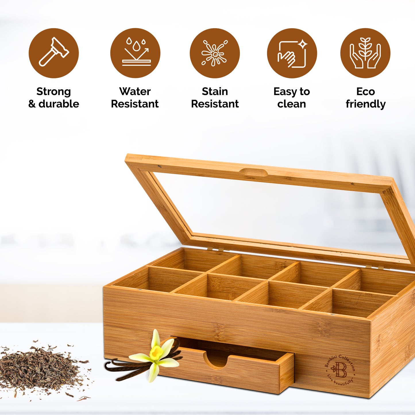 Bamboo Tea Organizer Box with 8 Compartments and Magnetic Lid for Kitchen Storage