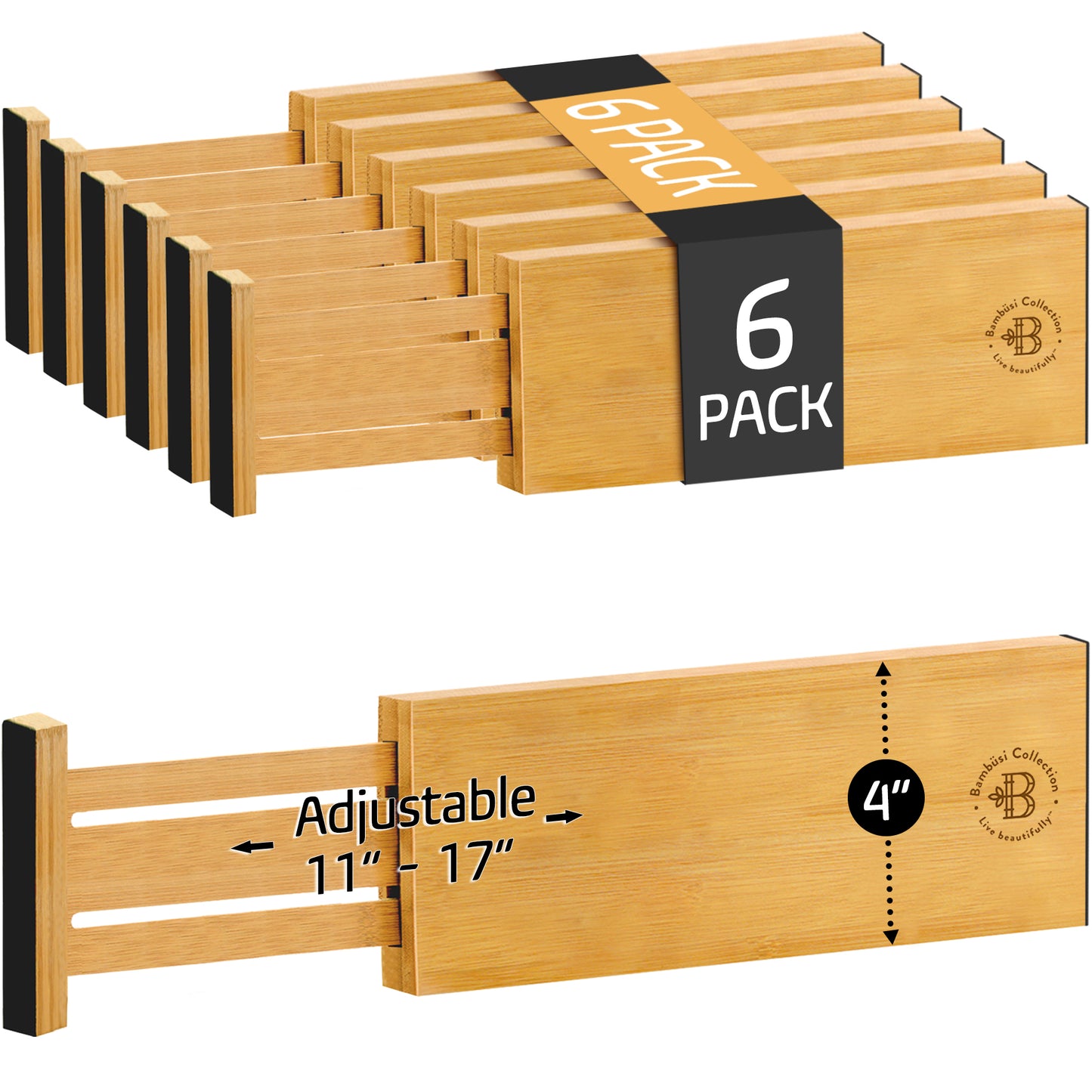 6-Pack Drawer Dividers - 4 Inches High, Adjustable 11 to 17 Inches Bamboo Drawer Organizers, Large Deep Expandable Separators for Clothes, Dresser, Bedroom, Bathroom, Baby, Office, Kitchen Utensils