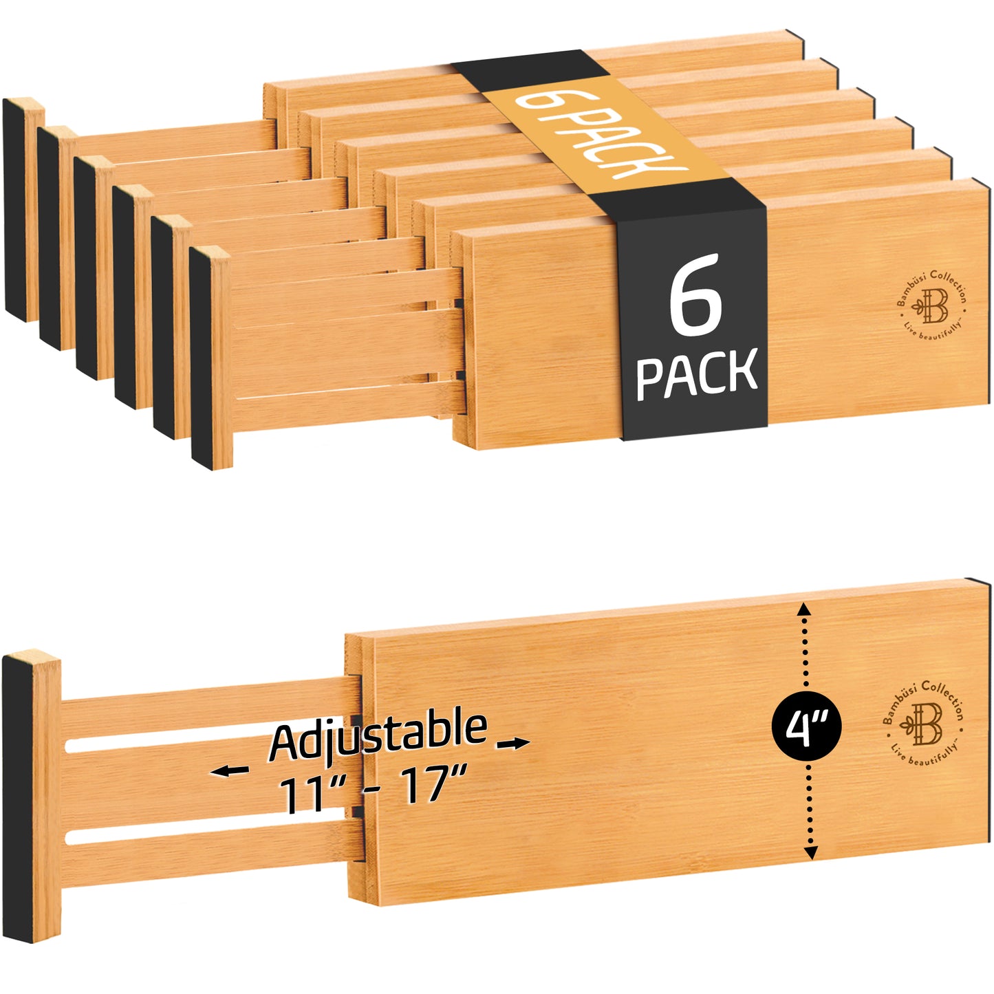 6-Pack Drawer Dividers - 4 Inches High, Adjustable 11 to 17 Inches Bamboo Drawer Organizers, Large Deep Expandable Separators for Clothes, Dresser, Bedroom, Bathroom, Baby, Office, Kitchen Utensils