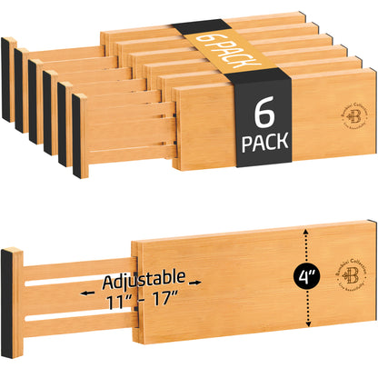 6-Pack Drawer Dividers - 4 Inches High, Adjustable 11 to 17 Inches Bamboo Drawer Organizers, Large Deep Expandable Separators for Clothes, Dresser, Bedroom, Bathroom, Baby, Office, Kitchen Utensils
