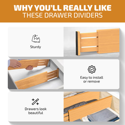 6-Pack Drawer Dividers - 4 Inches High, Adjustable 11 to 17 Inches Bamboo Drawer Organizers, Large Deep Expandable Separators for Clothes, Dresser, Bedroom, Bathroom, Baby, Office, Kitchen Utensils