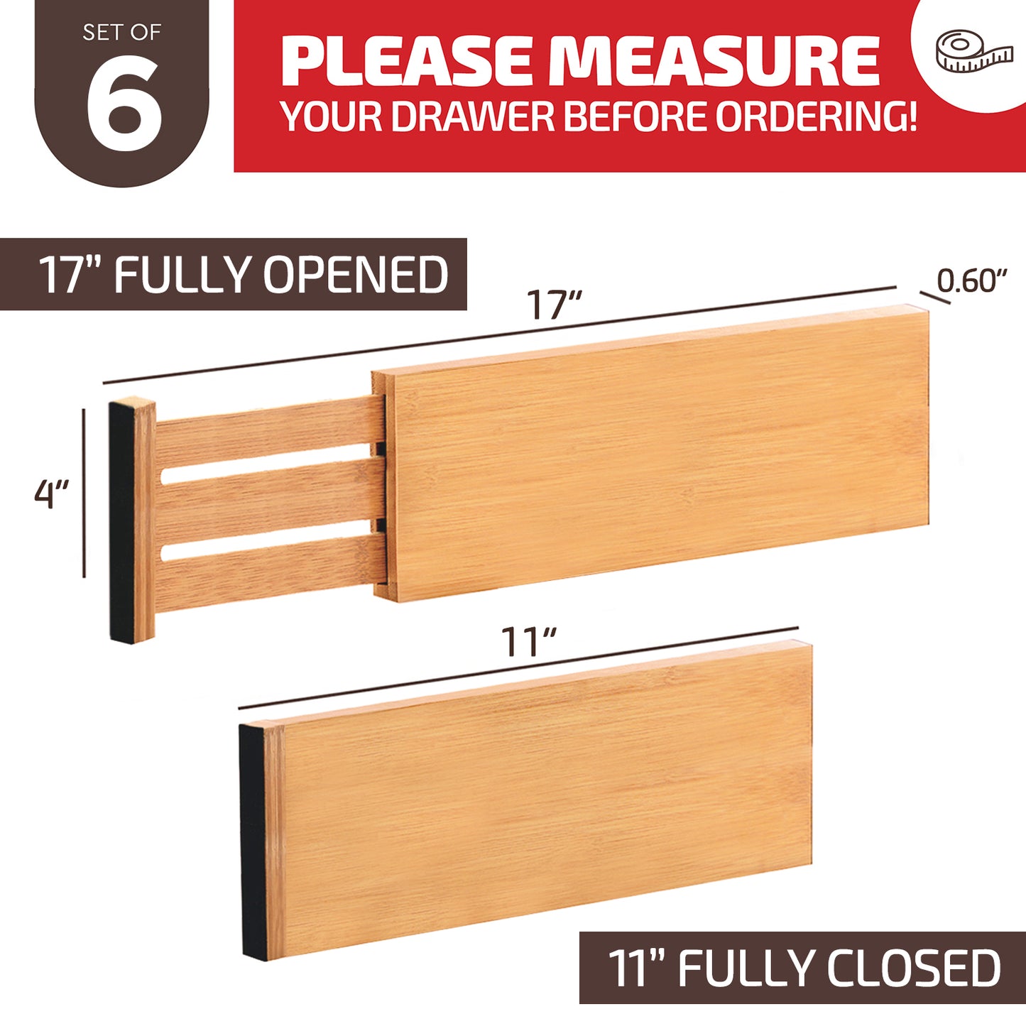 6-Pack Drawer Dividers - 4 Inches High, Adjustable 11 to 17 Inches Bamboo Drawer Organizers, Large Deep Expandable Separators for Clothes, Dresser, Bedroom, Bathroom, Baby, Office, Kitchen Utensils
