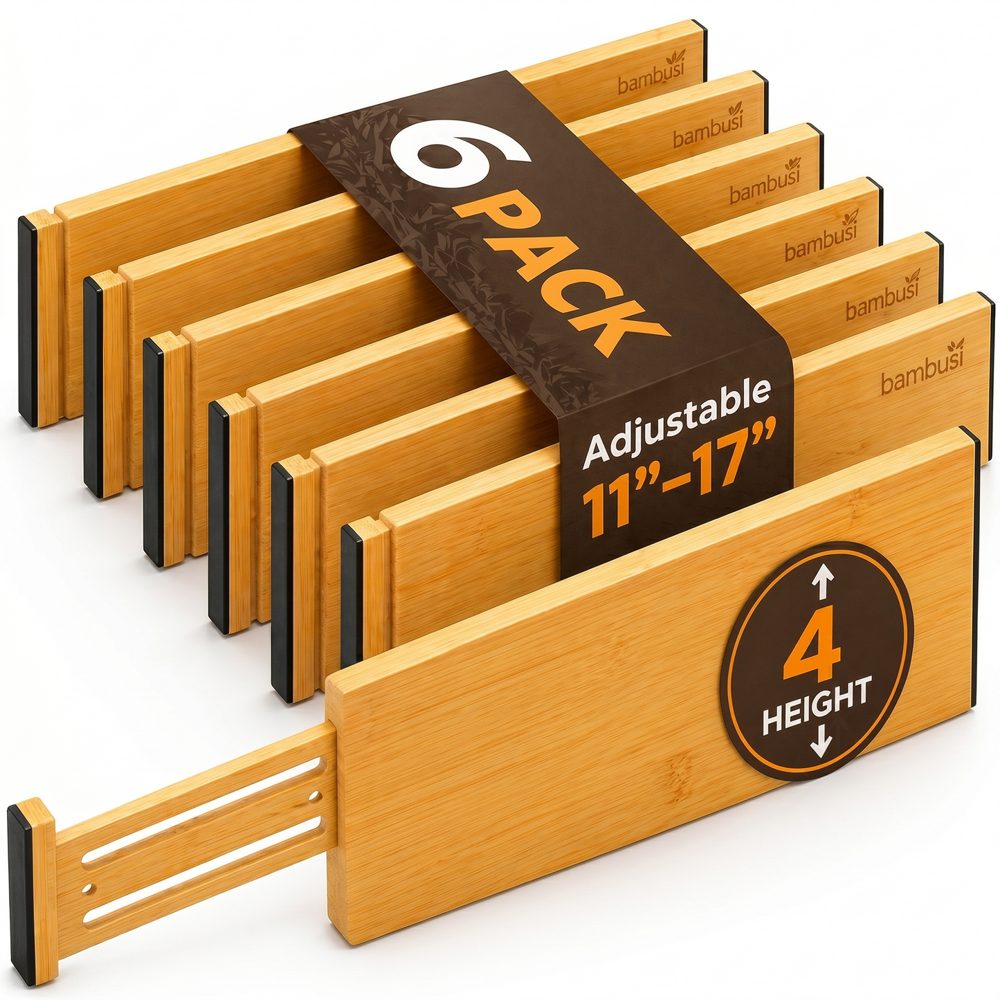 6-Pack Drawer Dividers - 4 Inches High, Adjustable 11 to 17 Inches Bamboo Drawer Organizers, Large Deep Expandable Separators for Clothes, Dresser, Bedroom, Bathroom, Baby, Office, Kitchen Utensils