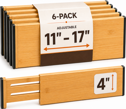 6-Pack Drawer Dividers - 4 Inches High, Adjustable 11 to 17 Inches Bamboo Drawer Organizers, Large Deep Expandable Separators for Clothes, Dresser, Bedroom, Bathroom, Baby, Office, Kitchen Utensils