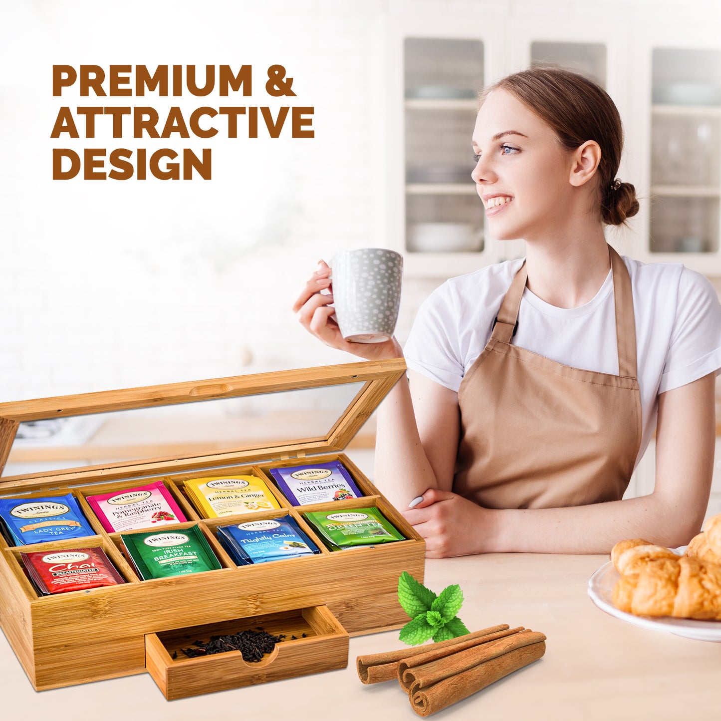 Bamboo Tea Organizer Box with 8 Compartments and Magnetic Lid for Kitchen Storage
