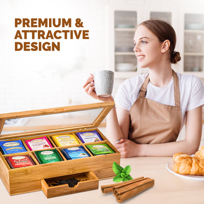 Bamboo Tea Organizer Box with 8 Compartments and Magnetic Lid for Kitchen Storage