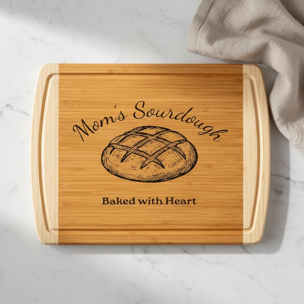 Personalized sourdough cutting board, engraved bamboo bread board gift for bakers, custom bread cutting board