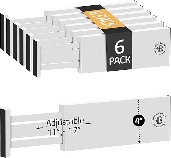 Adjustable Bamboo Drawer Dividers 6-Pack | 4" High Expandable Organizers for Kitchen, Dresser, Closet, and Office Drawers (11"–17")