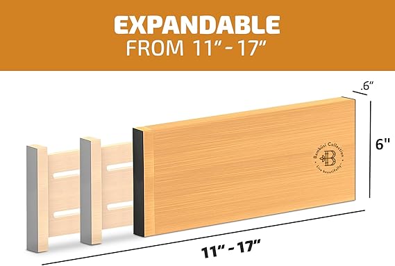 6 Pack Adjustable Bamboo Drawer Dividers 6” High Expandable Organizers for Kitchen Utensils, Clothes & Office Drawers