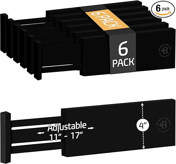 Adjustable Bamboo Drawer Dividers 6-Pack | 4" High Expandable Organizers for Kitchen, Dresser, Closet, and Office Drawers (11"–17")