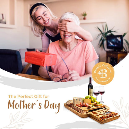 Bambusi Personalized Bamboo Cheese Board Set with Knife Drawer & Bowls – Charcuterie Platter for Entertaining & Gifting