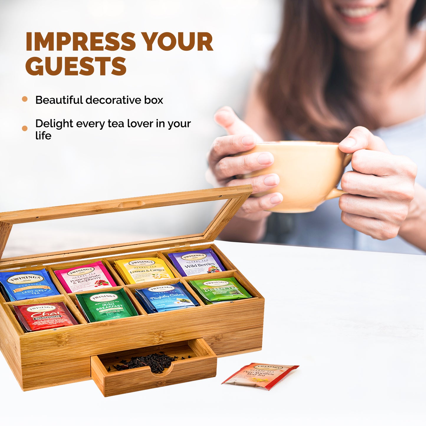 Bamboo Tea Organizer Box with 8 Compartments and Magnetic Lid for Kitchen Storage
