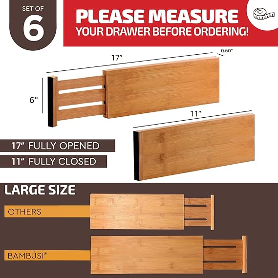 6 Pack Adjustable Bamboo Drawer Dividers 6” High Expandable Organizers for Kitchen Utensils, Clothes & Office Drawers