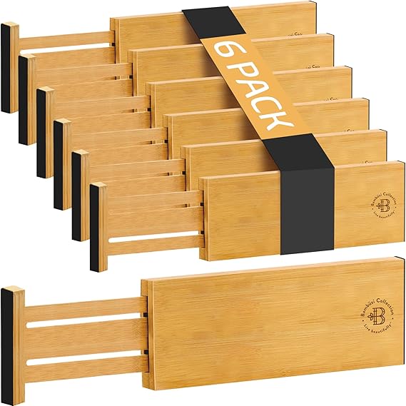 6 Pack Adjustable Bamboo Drawer Dividers 6” High Expandable Organizers for Kitchen Utensils, Clothes & Office Drawers — Natural