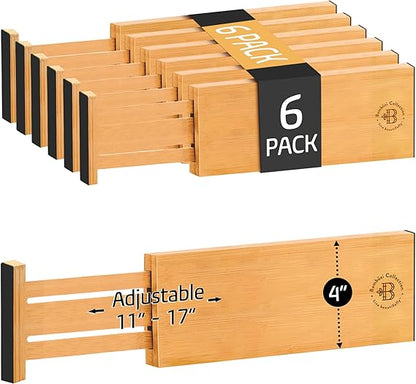 Adjustable Bamboo Drawer Dividers 6-Pack | 4" High Expandable Organizers for Kitchen, Dresser, Closet, and Office Drawers (11"–17")
