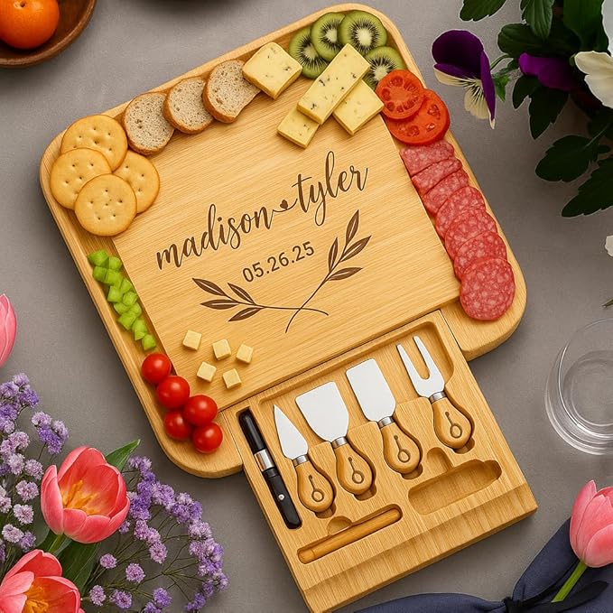 Personalized Bamboo Cheese Board Set with Knife Drawer & Bowls – Charcuterie Platter for Entertaining & Gifting