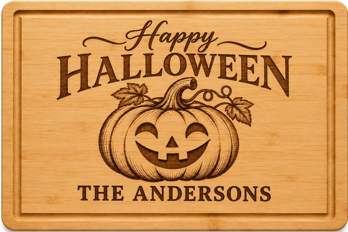 Personalized Halloween cutting board engraved with a jack o lantern, fall leaves and family name on bamboo