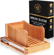 Load image into Gallery viewer, Bamboo Bread Slicer with Knife - 3 Slice Thickness, Foldable Compact Cutting Guide with Crumb Tray, Stainless Steel Bread Knife for Homemade Bread, Cake, Bagels 5.5” Wide x 5” Tall
