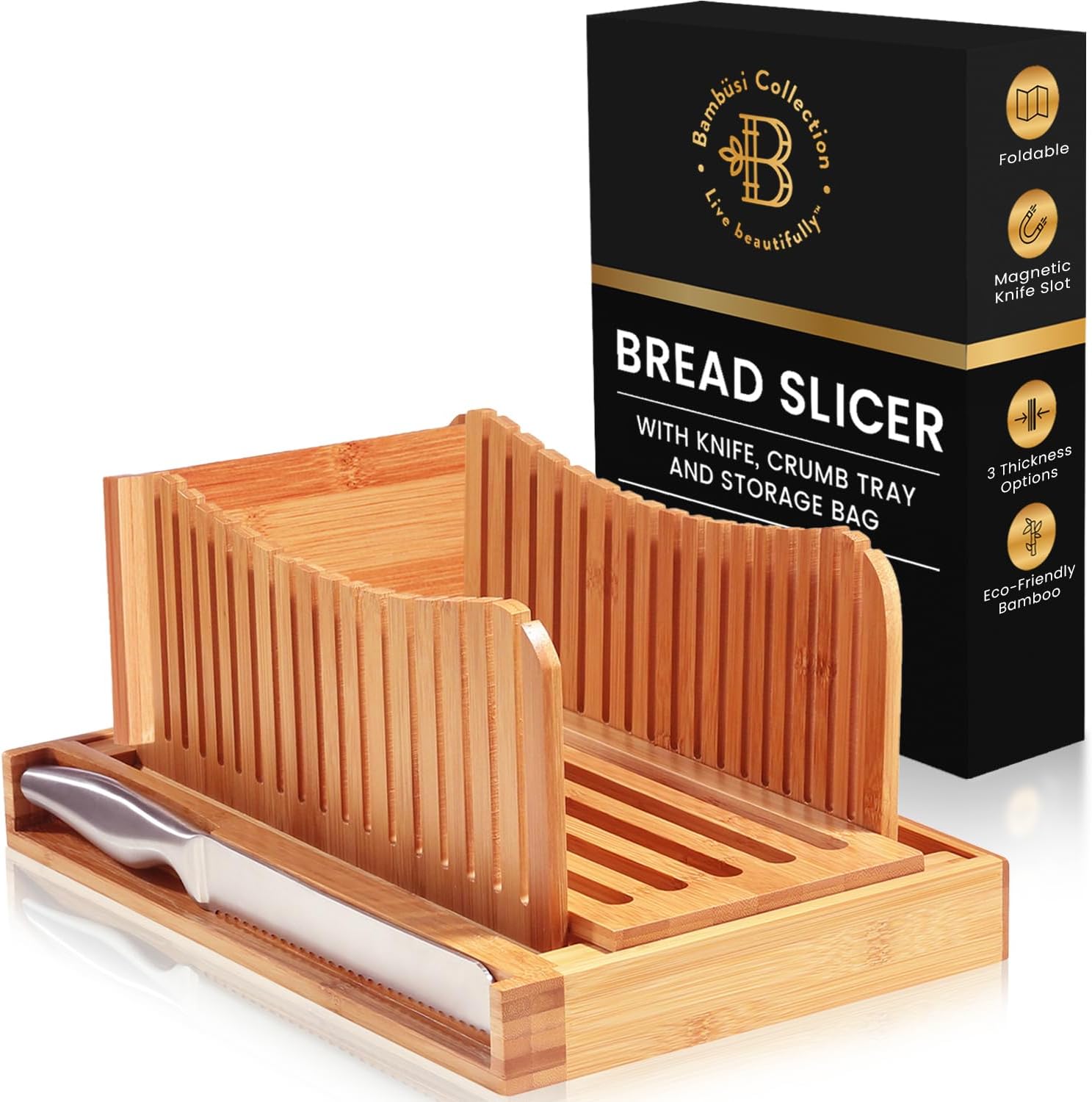 Natural Bamboo Foldable Bread Slicer with Stainless Steel Knife