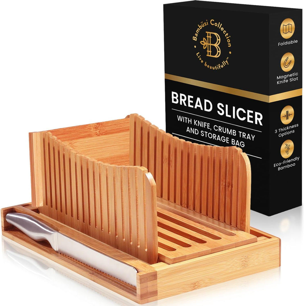 Bamboo Bread Slicer with Knife - 3 Slice Thickness, Foldable Compact Cutting Guide with Crumb Tray, Stainless Steel Bread Knife for Homemade Bread, Cake, Bagels 5.5” Wide x 5” Tall