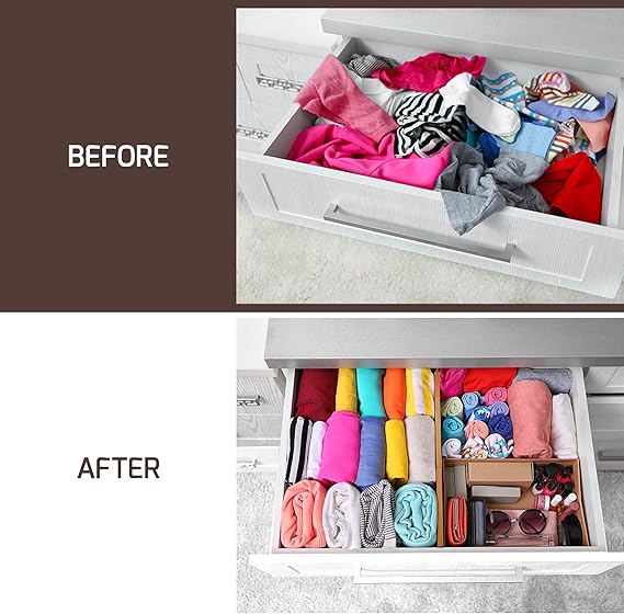 6 Pack Adjustable Bamboo Drawer Dividers 6” High Expandable Organizers for Kitchen Utensils, Clothes & Office Drawers