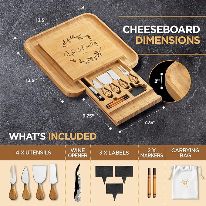 Bambusi Personalized Bamboo Cheese Board Set with Knife Drawer & Bowls – Charcuterie Platter for Entertaining & Gifting