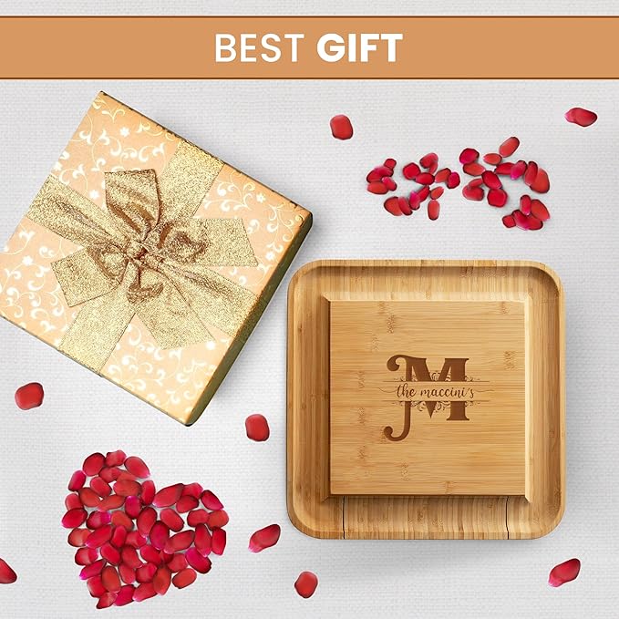 Bambusi Personalized Bamboo Cheese Board Set with Knife Drawer & Bowls – Charcuterie Platter for Entertaining & Gifting
