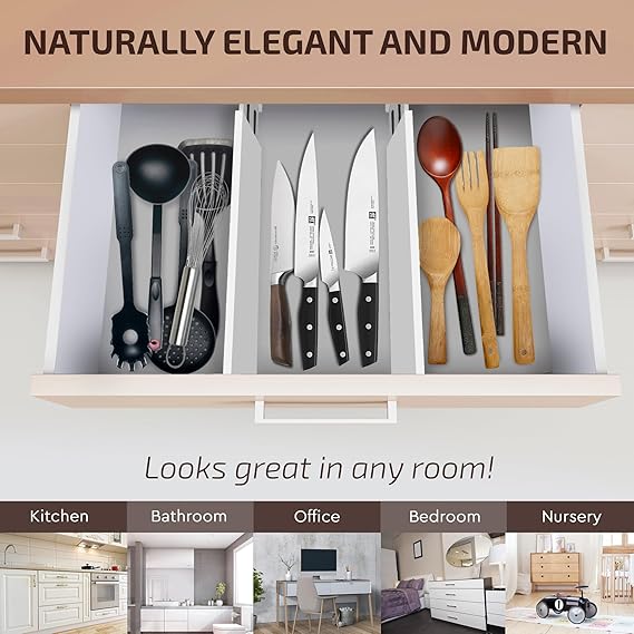 Adjustable Bamboo Drawer Dividers 6-Pack | 4" High Expandable Organizers for Kitchen, Dresser, Closet, and Office Drawers (11"–17")