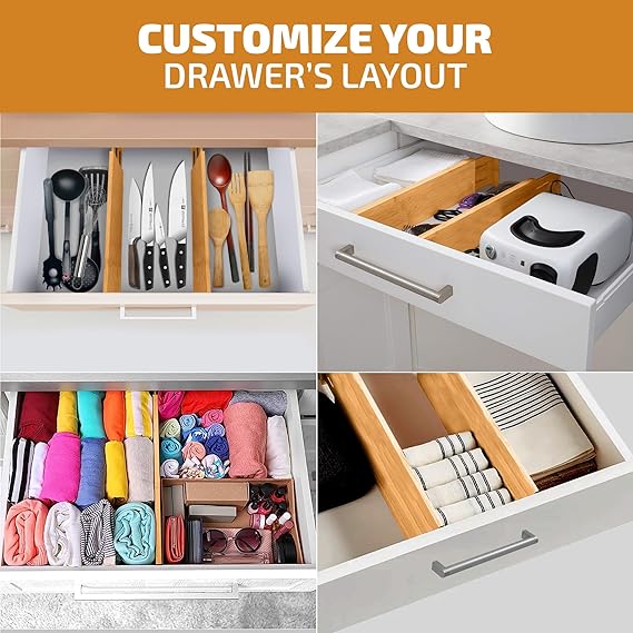 Adjustable Bamboo Drawer Dividers 6-Pack | 4" High Expandable Organizers for Kitchen, Dresser, Closet, and Office Drawers (11"–17")