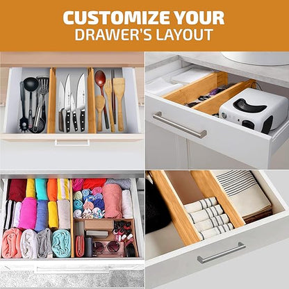 Adjustable Bamboo Drawer Dividers 6-Pack | 4" High Expandable Organizers for Kitchen, Dresser, Closet, and Office Drawers (11"–17")