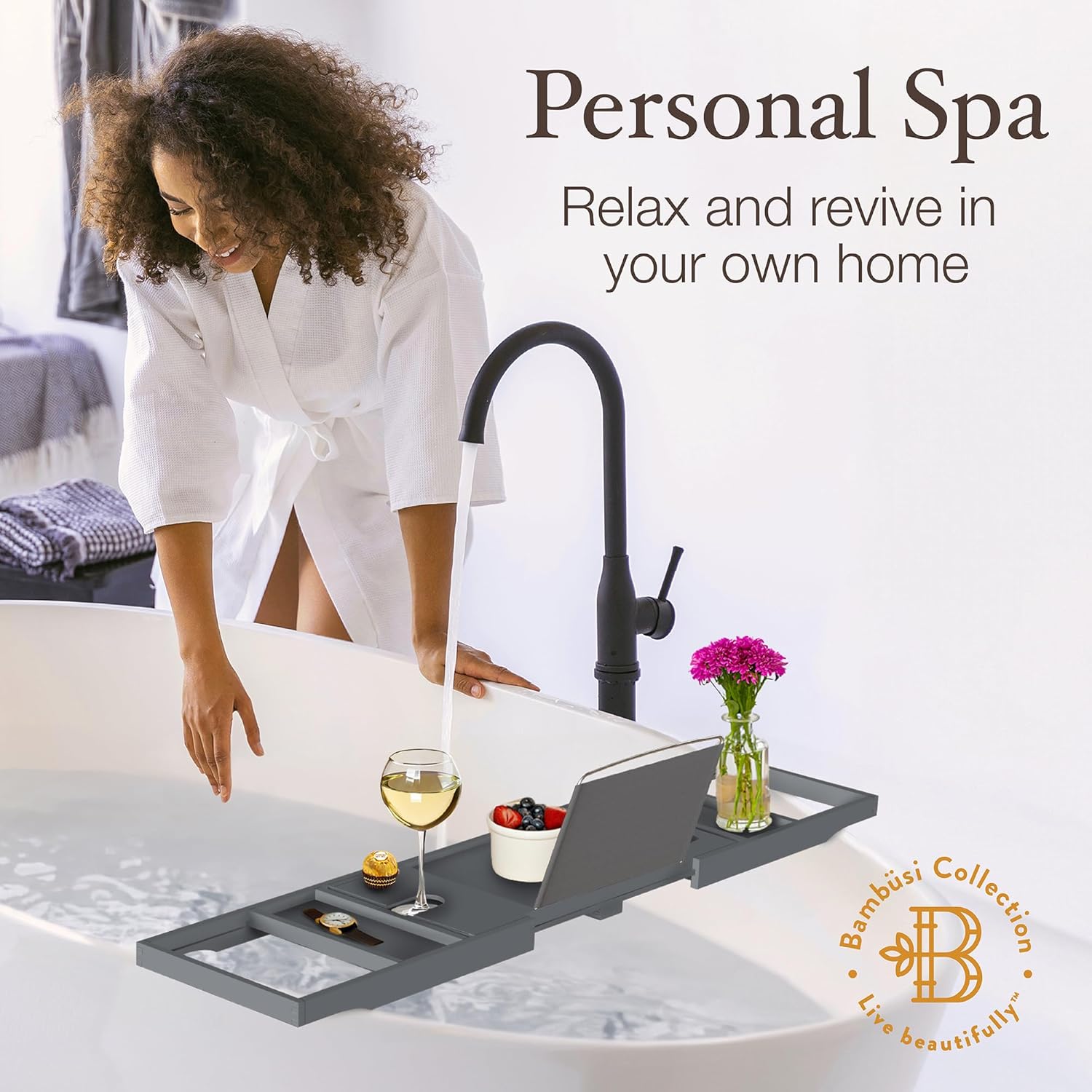 BAMBUSI Collection Expandable Bamboo Bathtub Caddy Tray - Thumbnail 3