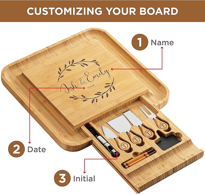 Bambusi Personalized Bamboo Cheese Board Set with Knife Drawer & Bowls – Charcuterie Platter for Entertaining & Gifting