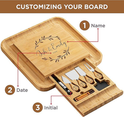 Bambusi Personalized Bamboo Cheese Board Set with Knife Drawer & Bowls – Charcuterie Platter for Entertaining & Gifting
