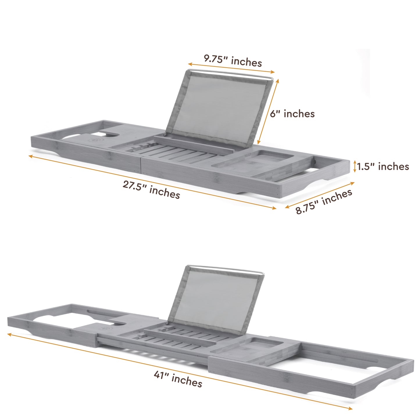 Adjustable Bamboo Bathtub Tray - Expandable Bath Caddy with Wine Glass & Tablet Holder (Gray)