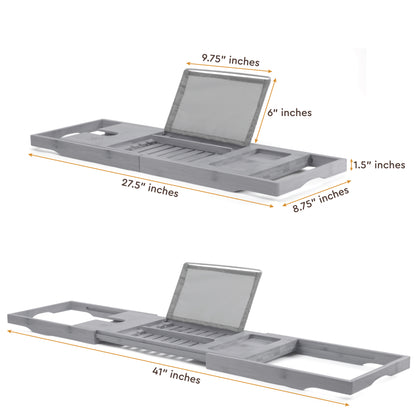 Adjustable Bamboo Bathtub Tray - Expandable Bath Caddy with Wine Glass & Tablet Holder (Gray)