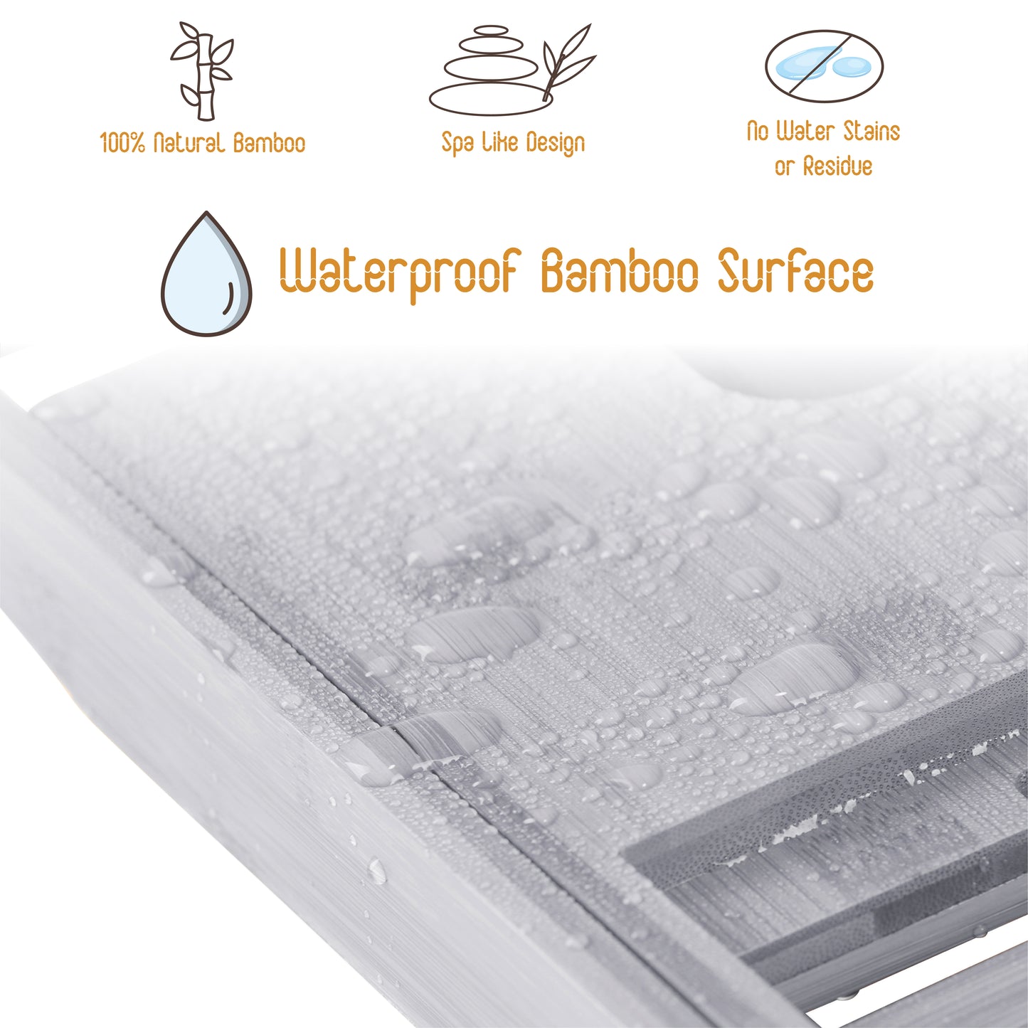 Adjustable Bamboo Bathtub Tray - Expandable Bath Caddy with Wine Glass & Tablet Holder (Gray)