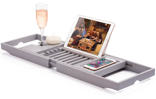 Adjustable Bamboo Bathtub Tray - Expandable Bath Caddy with Wine Glass & Tablet Holder (Gray)