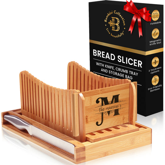 Personalized Foldable Bamboo Bread Slicer with Knife and Crumb Tray | Adjustable Bread Cutter for Homemade Loaves Sourdough Bagels and Cakes | Perfect Kitchen Baking Gift