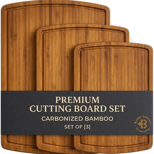 3-Piece Carbonized Bamboo Cutting Board Set - Wooden Cutting Boards for Kitchen with Deep Juice Groove, Side Handles + Reversible Serving Boards