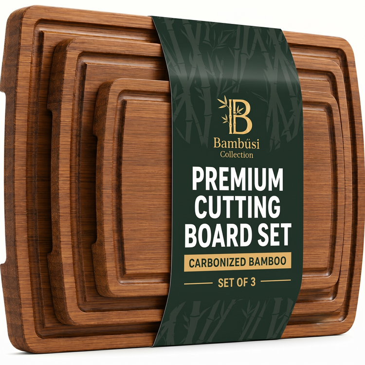 3-Piece Carbonized Bamboo Cutting Board Set - Wooden Cutting Boards for Kitchen with Deep Juice Groove, Side Handles + Reversible Serving Boards