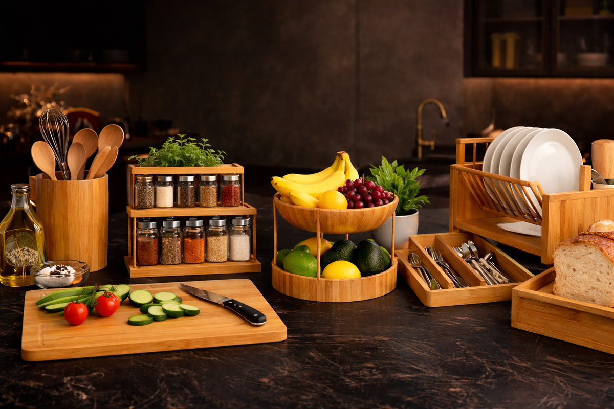Bambüsi bamboo kitchen organizers on a countertop